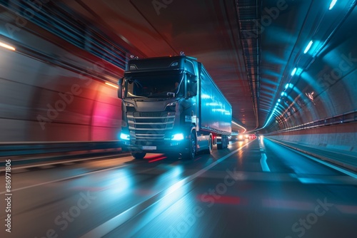 Large Cargo Lorry Speeding Through a Modern Illuminated Tunnel at Night