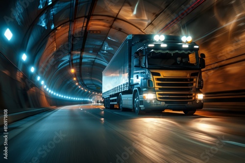 Large Cargo Lorry Speeding Through a Modern Illuminated Tunnel at Night