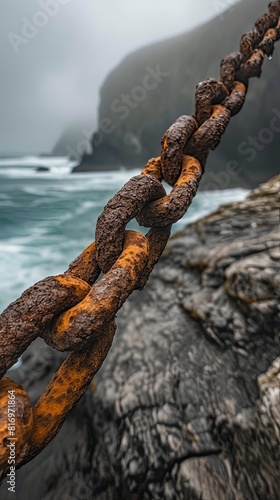 Rusted chain breaking in a dramatic outdoor setting  such as a mountain or seashore