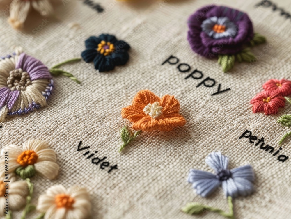 Fototapeta premium colorful flowers embroidered with their names ona linen cloth