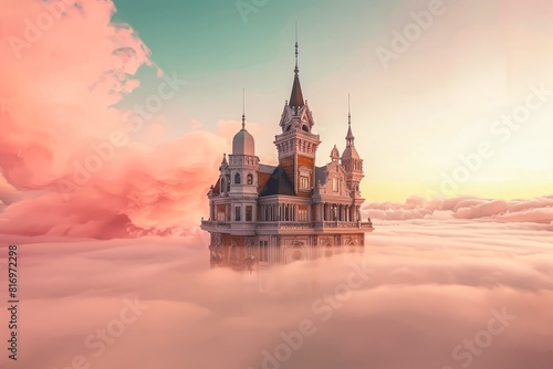 Happy ever after fairytale castle on pink cotton candy clouds