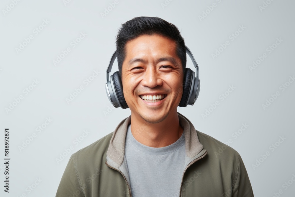 Portrait of a smiling asian man in his 30s listening to music isolated in soft gray background Portrait of a smiling asian man in his 30s listening to music isolated in soft gray background