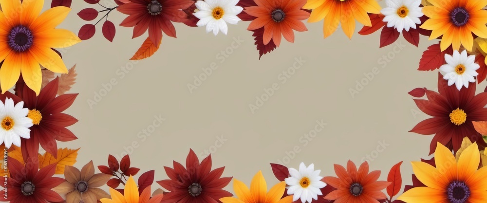 Fototapeta premium Autumn flowers and leaves yellow red brown, frame, pattern, copy space, banner.