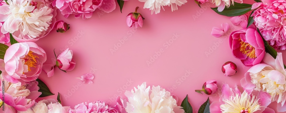 Frame made of beautiful peony flowers on a pink background. Flat lay, copy space, summer flowers, spring banner, birthday, mother's day, wedding, mockup Frame made of beautiful peony flowers on a pink background. Flat lay, copy space, summer flowers, spring banner, birthday, mother's day, wedding, mockup