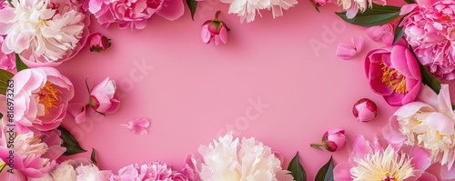 Frame made of beautiful peony flowers on a pink background. Flat lay, copy space, summer flowers, spring banner, birthday, mother's day, wedding, mockup © Maryam