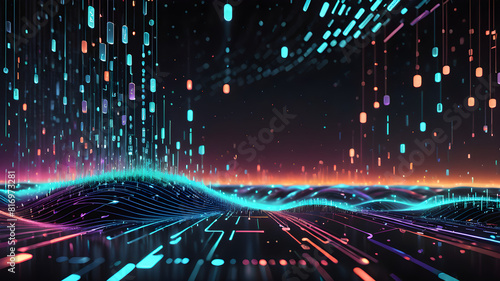 Futuristic Digital Background with Binary Code and Vibrant Technology Icons