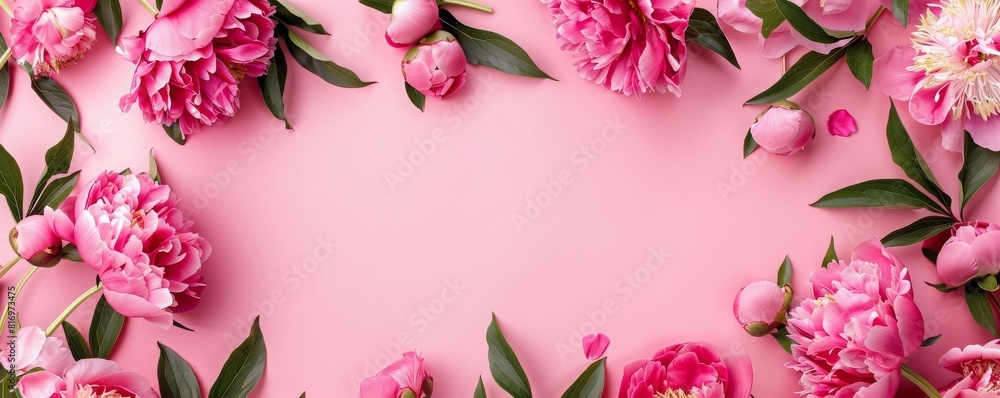 Frame made of beautiful peony flowers on a pink background. Flat lay, copy space, summer flowers, spring banner, birthday, Mother's day, wedding, mockup frame Frame made of beautiful peony flowers on a pink background. Flat lay, copy space, summer flowers, spring banner, birthday, Mother's day, wedding, mockup frame