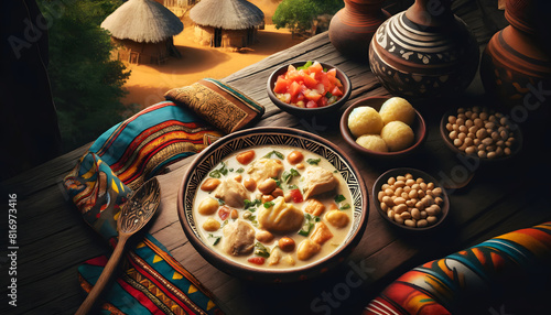 Zambian Peanut Chicken Soup: creamy blend of chicken, peanuts, and veggies, served in a handcrafted bowl in an African village with nshima and kachumbari. photo