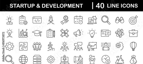 Startup and development set of web icons in line style. Development icons for web and mobile app. Containing Business, concept, idea, strategy, innovation, vision, marketing, startup and more