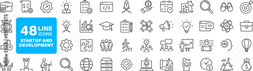 Startup and development set of web icons in line style. Development icons for web and mobile app. Containing Business, concept, idea, strategy, innovation, vision, marketing, startup and more