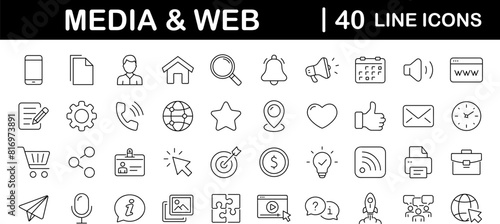 Media and Web set of web icons in line style. Social Media icons for web and mobile app. Containing media, website, marketing, business, social network, profile, page, rating, social links and more
