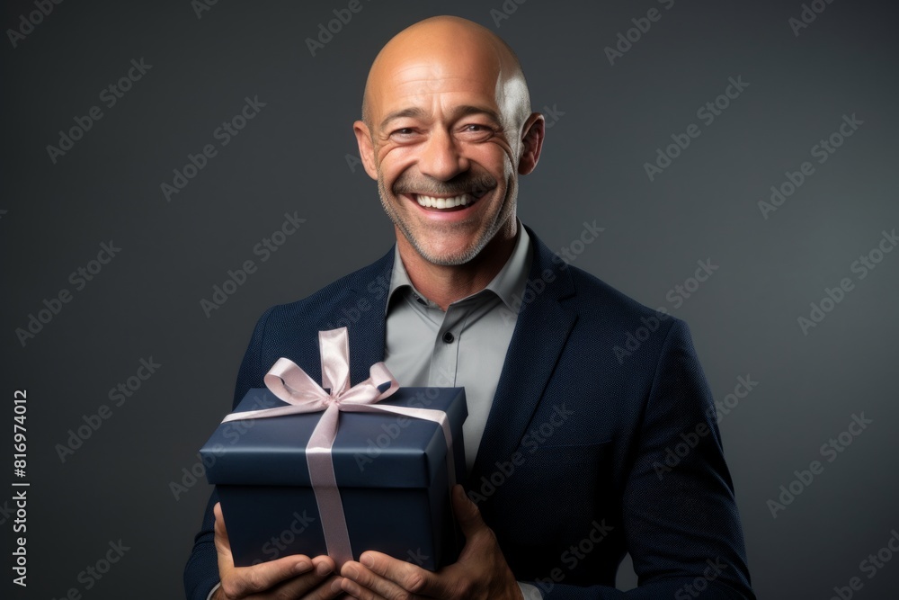 Portrait of a happy man in his 40s holding a gift on soft gray background Portrait of a happy man in his 40s holding a gift on soft gray background