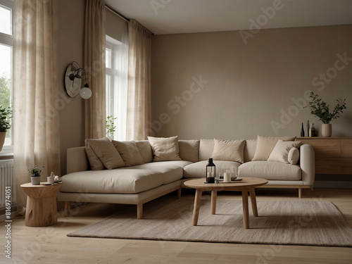 Timeless Tranquility, Neutral Tone Living Room Interior Design © Saktanong
