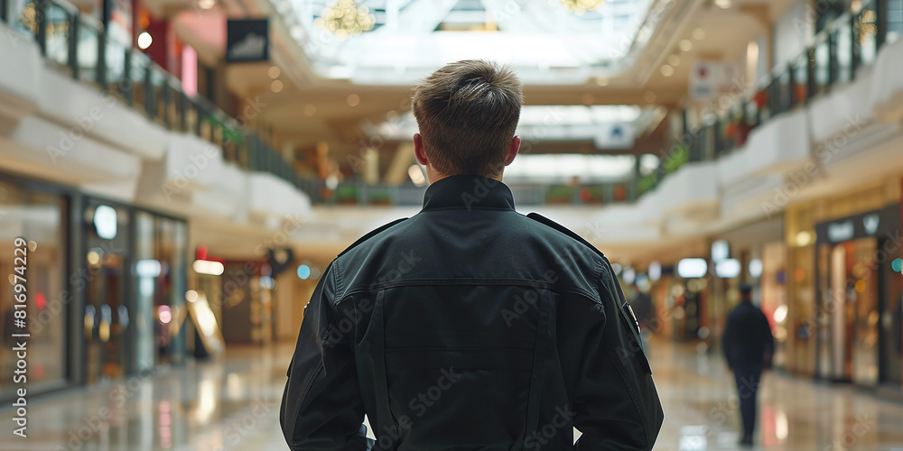 Security Guard in Black Stands Vigilant at Shopping Mall. Concept Security Guard Security Guard in Black Stands Vigilant at Shopping Mall. Concept Security Guard