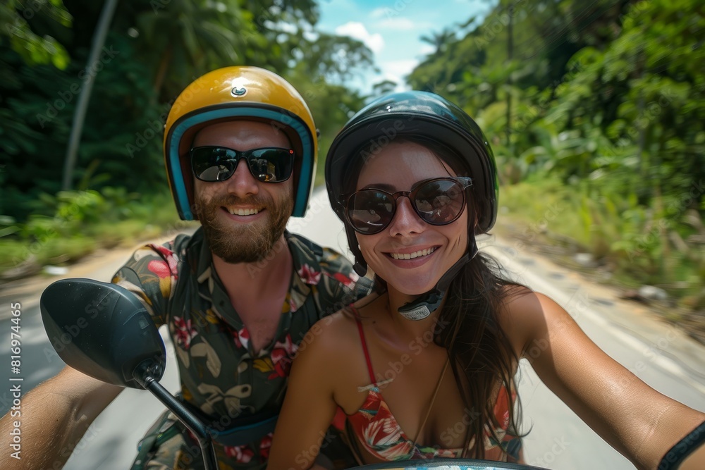 Smiling couple wearing helmets enjoys a scooter ride surrounded by lush greenery on a sunny day Smiling couple wearing helmets enjoys a scooter ride surrounded by lush greenery on a sunny day
