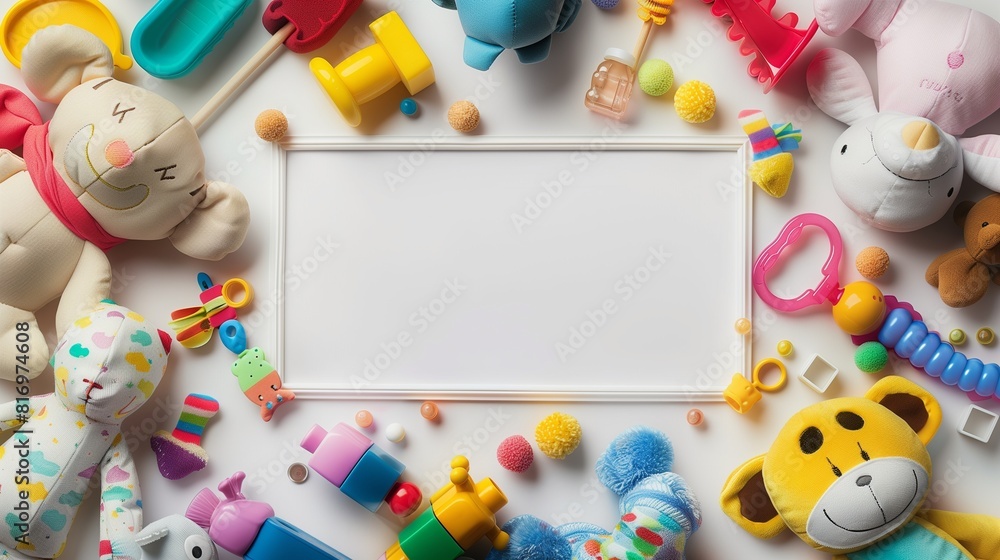 Obraz premium A colorful frame made of various baby toys such as plush animals, building blocks, and rattles, surrounding a blank space in the center for text or images, creating a playful and cheerful background 