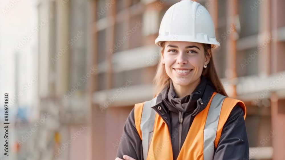 an attractive European female inspection engineer with a confident smile, wearing a hard hat and coveralls, standing amidst a bustling construction site an attractive European female inspection engineer with a confident smile, wearing a hard hat and coveralls, standing amidst a bustling construction site
