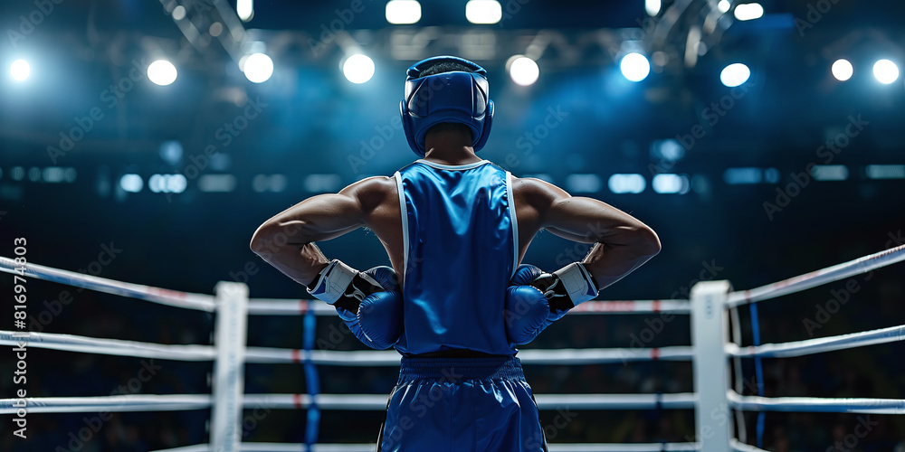 Olympic boxer in blue uniform, helmet, T-shirt, shorts, against the backdrop of the ring Olympic boxer in blue uniform, helmet, T-shirt, shorts, against the backdrop of the ring