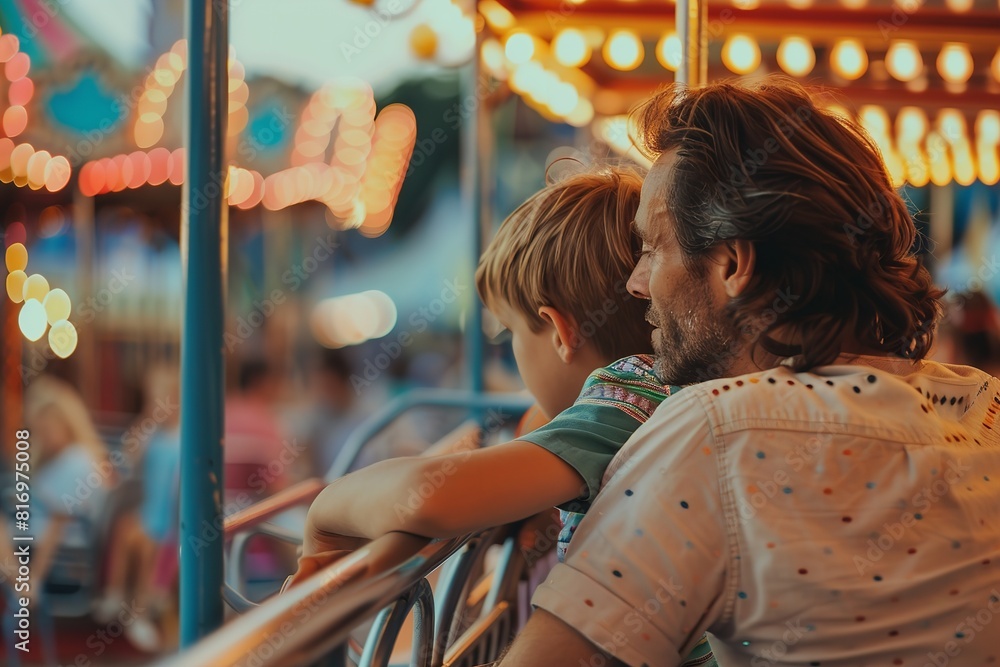 A man and a child enjoying a carousel ride at an amusement park, surrounded by colorful lights and a vibrant atmosphere A man and a child enjoying a carousel ride at an amusement park, surrounded by colorful lights and a vibrant atmosphere