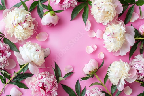 Frame made of beautiful peony flowers on a pink background. Flat lay, copy space, summer flowers, spring banner, birthday, mother's day, wedding © Maryam