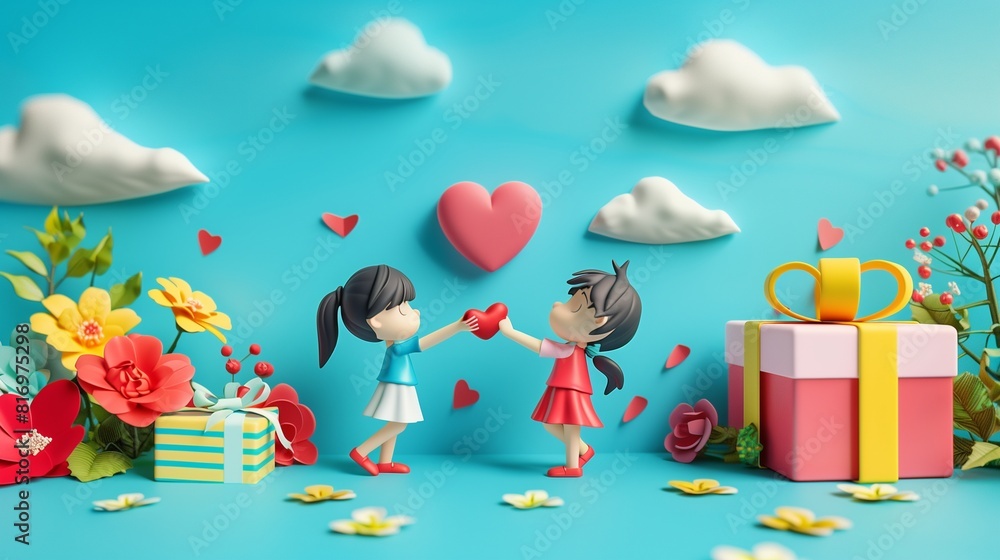 A vibrant 3D-rendered banner featuring cheerful children holding hands, with a colorful gift box, heart, and flowers, set against a bright blue sky backdrop. Copy space for text