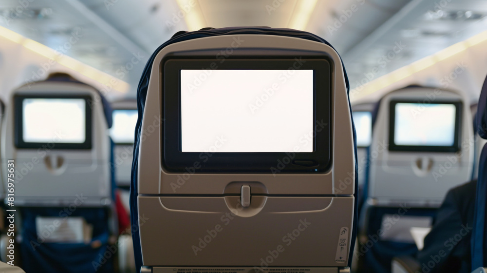 Airplane interior featuring a close-up of a blank in-flight entertainment screen mounted on the back of a seat. The cabin shows multiple rows of seats. Airplane interior featuring a close-up of a blank in-flight entertainment screen mounted on the back of a seat. The cabin shows multiple rows of seats.