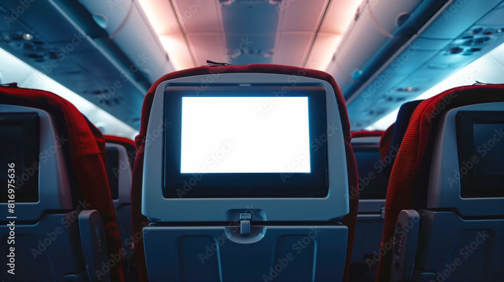 Interior of an airplane cabin showing the back of a seat with a blank in-flight entertainment screen and dim, ambient lighting.