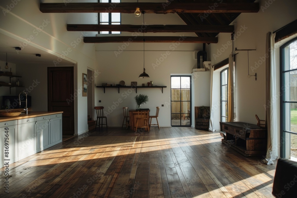Warm sunlight fills a spacious rustic kitchen and living area with a modern touch Warm sunlight fills a spacious rustic kitchen and living area with a modern touch