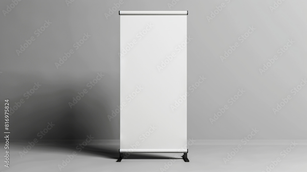 A mockup of a blank roll-up banner stand placed against a plain gray background. Ideal for displaying advertisements or promotional content. A mockup of a blank roll-up banner stand placed against a plain gray background. Ideal for displaying advertisements or promotional content.
