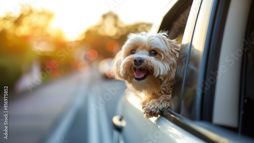 The joyous sight of a delighted dog sticking its head out of a car window, reveling in the exhilarating sensation of the wind rushing through its fur, capturing the essence of pure happiness and freed