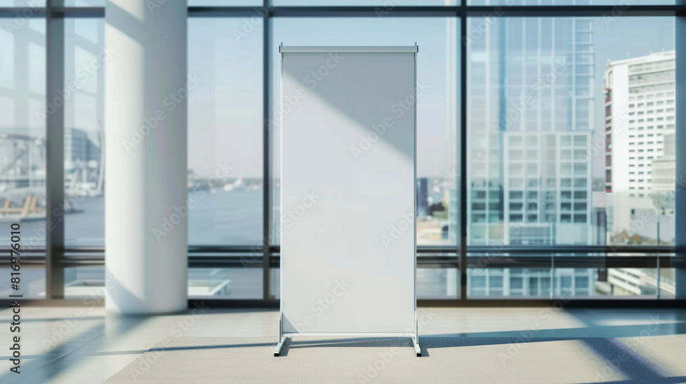 Mockup of a blank vertical banner stand placed in a modern office environment with large windows overlooking a cityscape. Mockup of a blank vertical banner stand placed in a modern office environment with large windows overlooking a cityscape.