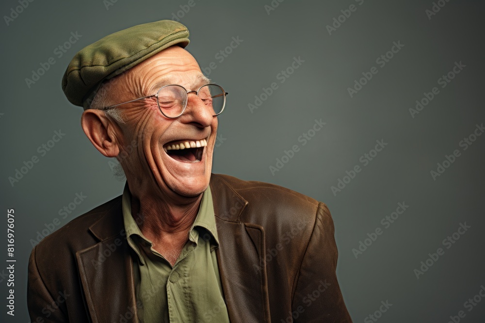 Portrait of a cheerful man in his 70s laughing in front of soft gray background Portrait of a cheerful man in his 70s laughing in front of soft gray background
