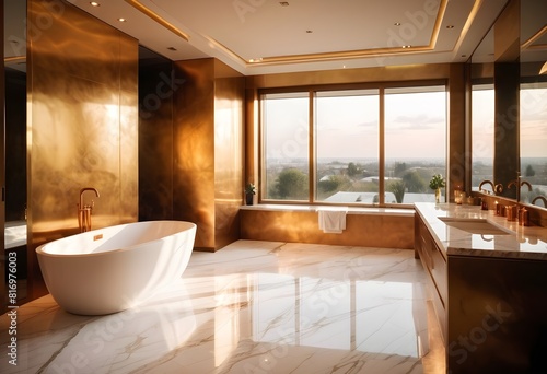 Large Bathroom in Luxury Home with marble and royal work and warm lighting along different matellic colours paint on the walls view from the window of evening