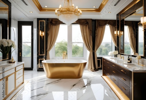 Large Bathroom in Luxury Home with marble and royal work and warm lighting along different matellic colours paint on the walls view from the window of evening photo