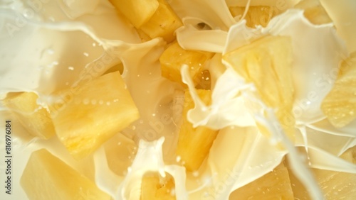 Fresh pineapple pieces falling into cream, top down view © Lukas Gojda