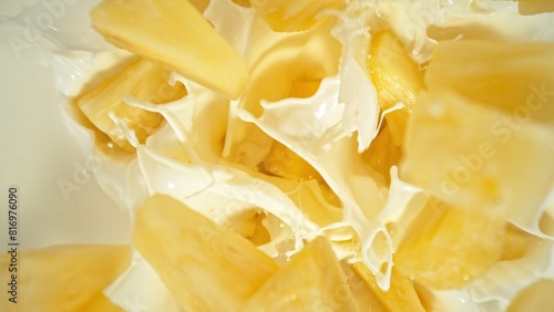 Fresh pineapple pieces falling into cream, top down view © Lukas Gojda