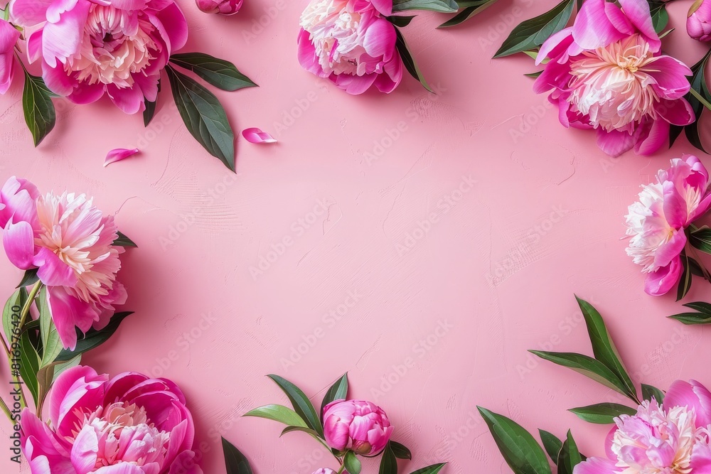 Frame made of beautiful peony flowers on a pink background. Flat lay, copy space, summer flowers, spring, birthday, Mother's day, wedding, mockup frame Frame made of beautiful peony flowers on a pink background. Flat lay, copy space, summer flowers, spring, birthday, Mother's day, wedding, mockup frame