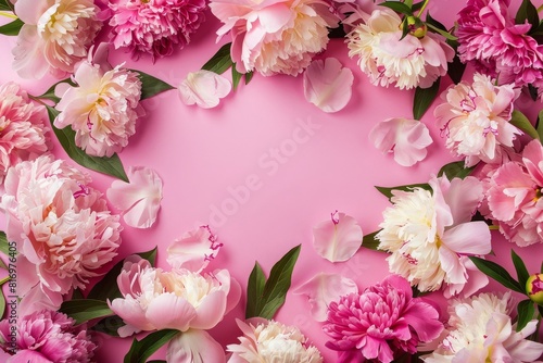 Frame made of beautiful peony flowers on a pink background. Flat lay, copy space, summer flowers, spring, birthday, Mother's day, wedding