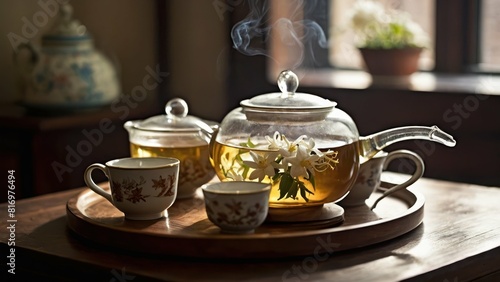A pot of aromatic jasmine tea with flowers  next to a teacup on a wooden tray.