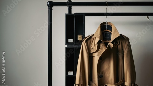 Classic trench coats hanging neatly on a wooden wardrobe rack