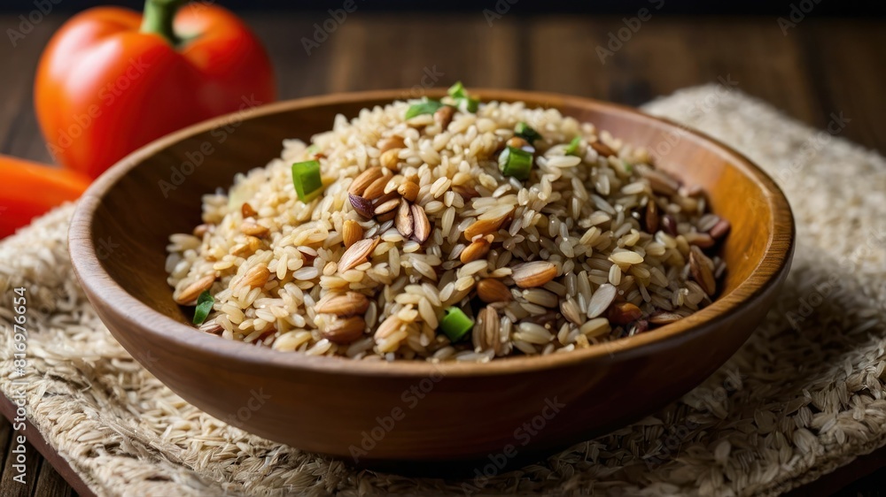 A bowl of nutty brown rice with vegetables on a rustic table A bowl of nutty brown rice with vegetables on a rustic table