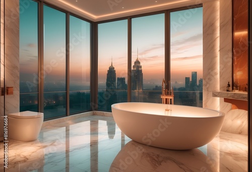 Large Bathroom in Luxury Home with marble and royal work and warm lighting along different matellic colours paint on the walls view from the window of evening