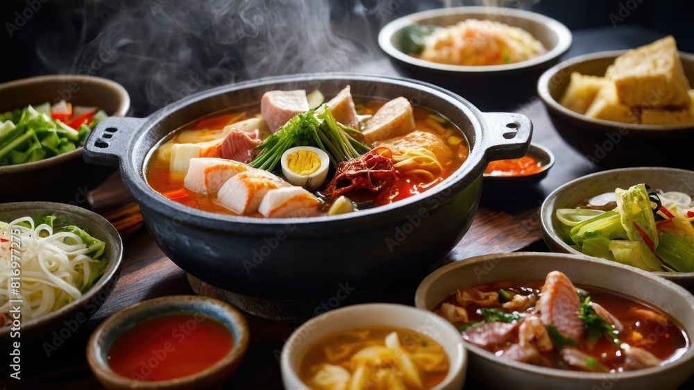 A flavorful hot pot filled with bubbling spicy broth surrounded by various vegetables and seafood A flavorful hot pot filled with bubbling spicy broth surrounded by various vegetables and seafood