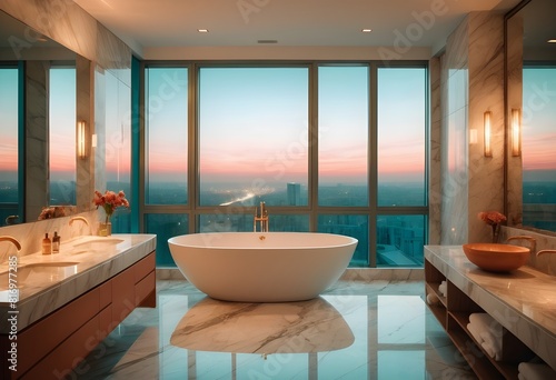 Large Bathroom in Luxury Home with marble and royal work and warm lighting along different matellic colours paint on the walls view from the window of evening