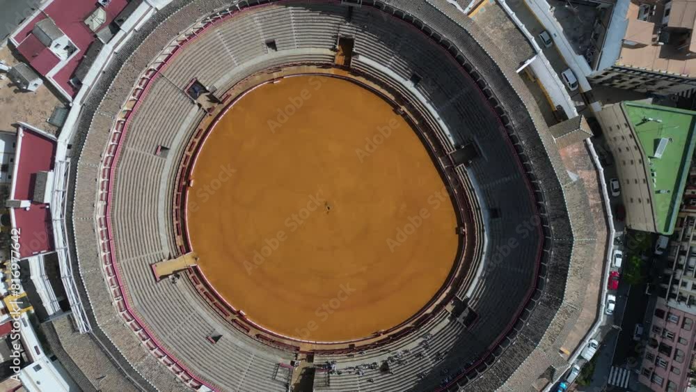 Aerial view of Seville's iconic bullring in motion Aerial view of Seville's iconic bullring in motion