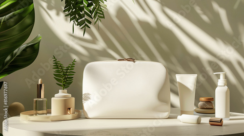 Elegant skincare and beauty product mockup display with a white cosmetic bag. Surrounded by a variety of skincare bottles and lush green leaves for a natural backdrop.