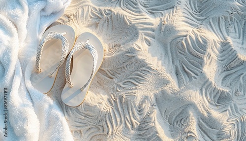 flip-flops white sandy beach towel summer vacation concept copy space