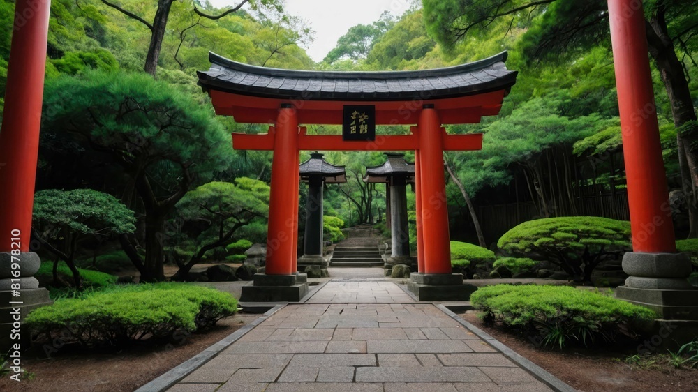 A majestic torii gate standing tall at the entrance to a serene, lush Japanese garden A majestic torii gate standing tall at the entrance to a serene, lush Japanese garden