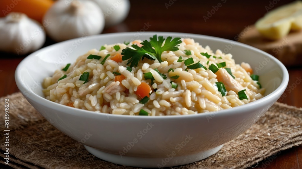 A bowl of creamy risotto garnished with parsley and chives on a wooden table A bowl of creamy risotto garnished with parsley and chives on a wooden table