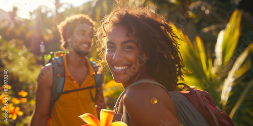 Portrait of young attractive couple with exotic flowers around them in Hawaiian landscape. Celebrating National Hawaii Day.